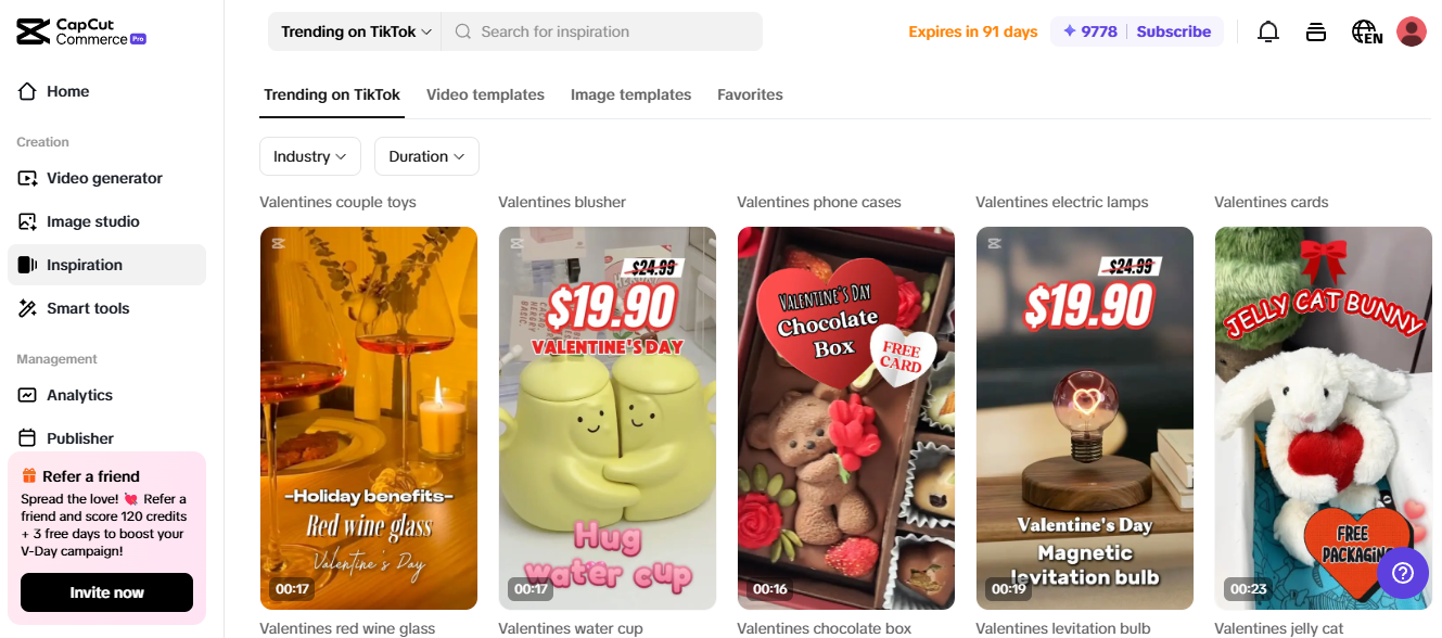 Pippit interface with trending Valentine's Day product templates on TikTok, ideal for eBay store optimization.